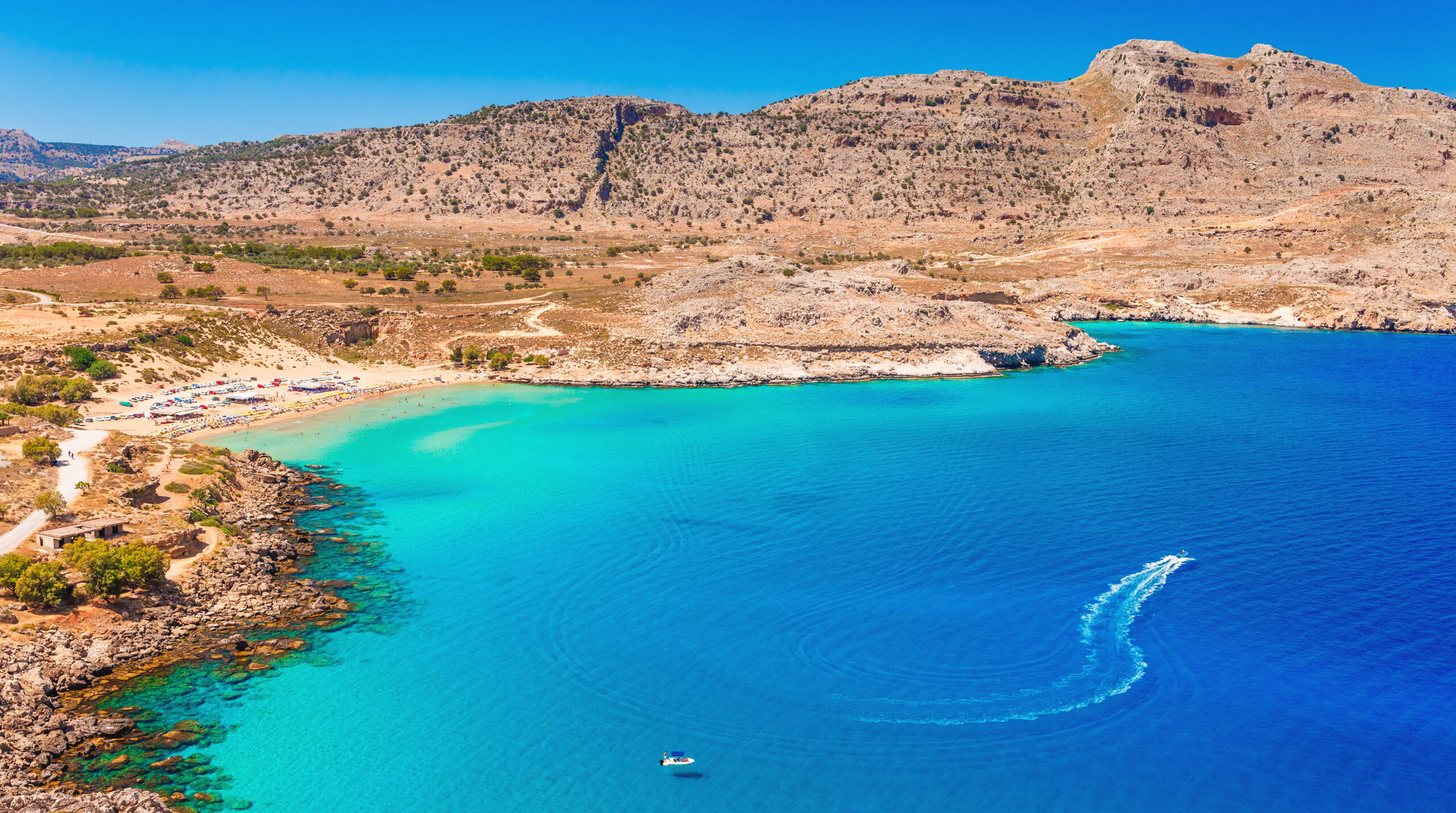 Summer beach and sea on Agia Agathi bay, Rhodes island, Greece, Europe