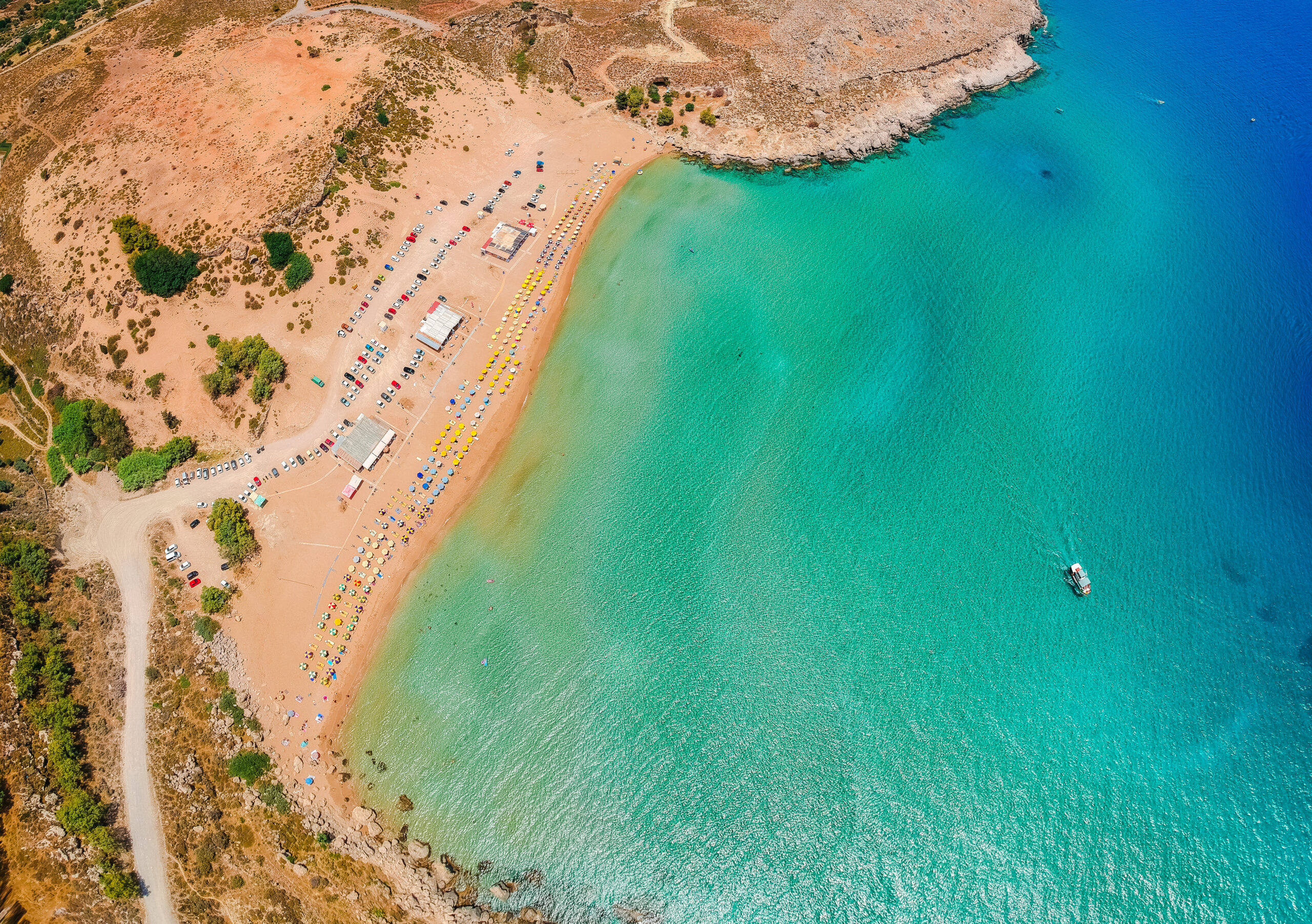 Aerial sea view of Agia Agathi beach, Rhodes island, Greece, Europe