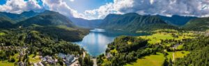 Aerial,View,Of,Bohinj,Lake,In,Julian,Alps.,Popular,Touristic