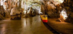 Underground tourist train in Postojna cave, Slovenia. It is the